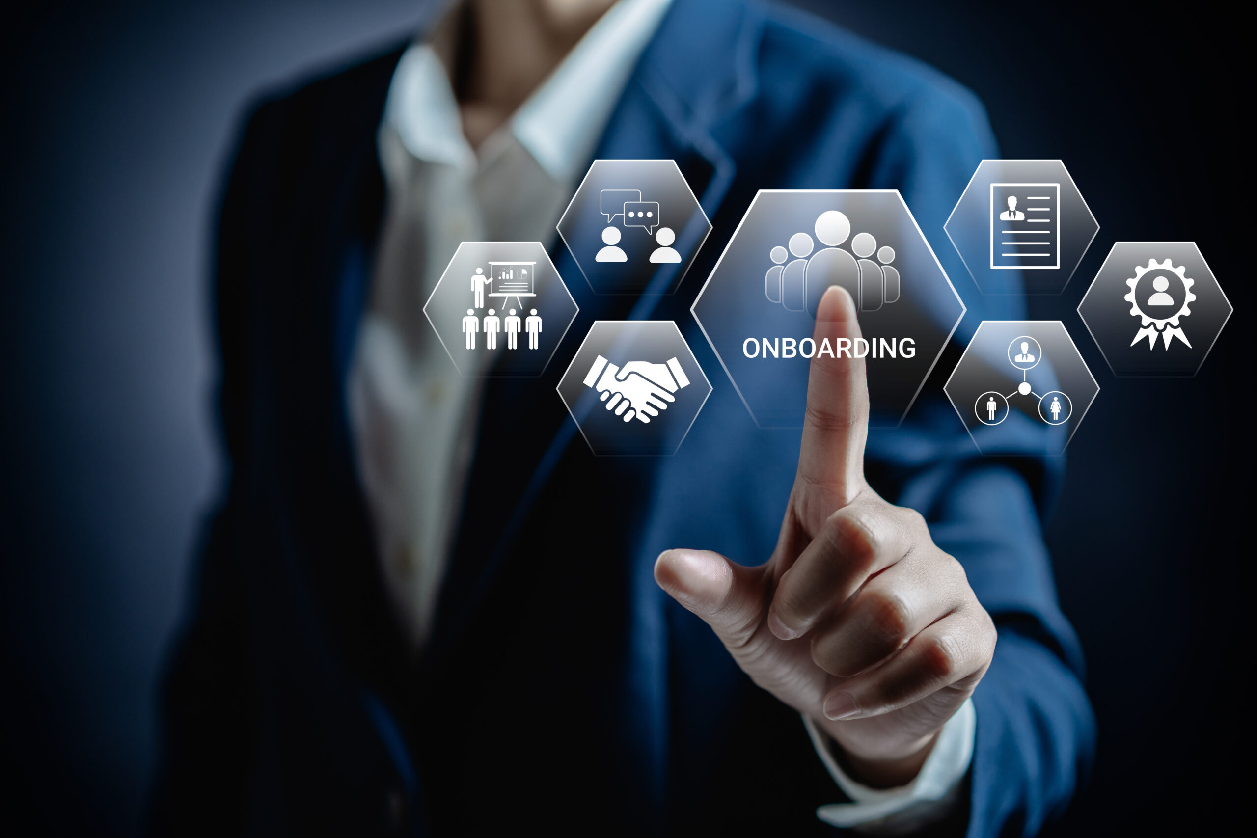 Businesswoman with virtual icon, HR, Process of introducing a newly hired employee into organization, socialization, onboarding is helping employees understand their new position and job requirements.
