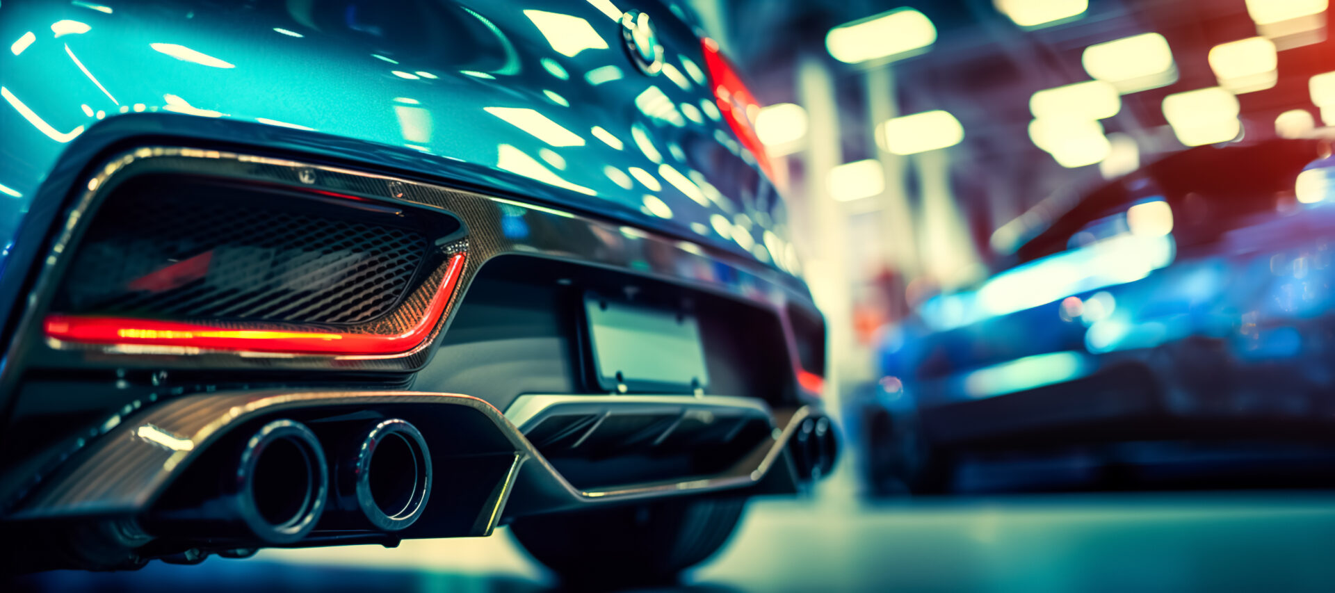 Close up of stainless steel exhaust tip muffler pipe of sports car, bokeh car showroom on background. Dual exhaust at the back of black car with rear defuser.